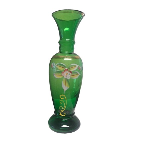Vintage Bohemian Green Glass Bud Vase Handpainted Floral Design Japan - Picture 1 of 12